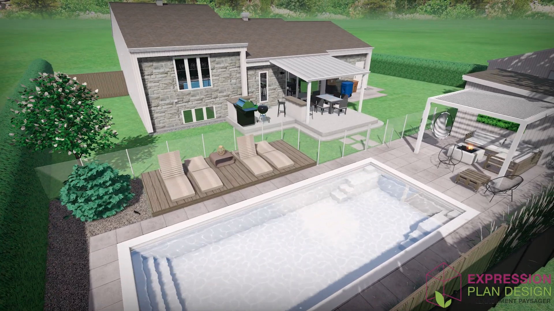 Cour arrière – Piscine creusée et pergola | Moderne, blanc, bois et verre