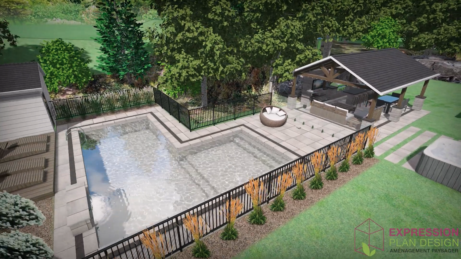 Terrain complet – Piscine creusée et cuisine extérieure | Farmhouse, blanc et noir