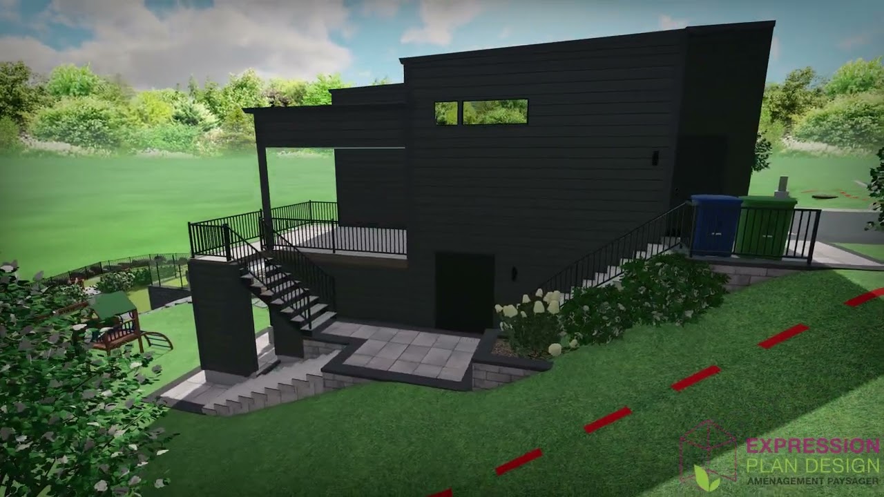 Terrain complet – Piscine creusée et terrasse | Moderne, maison noire et verre