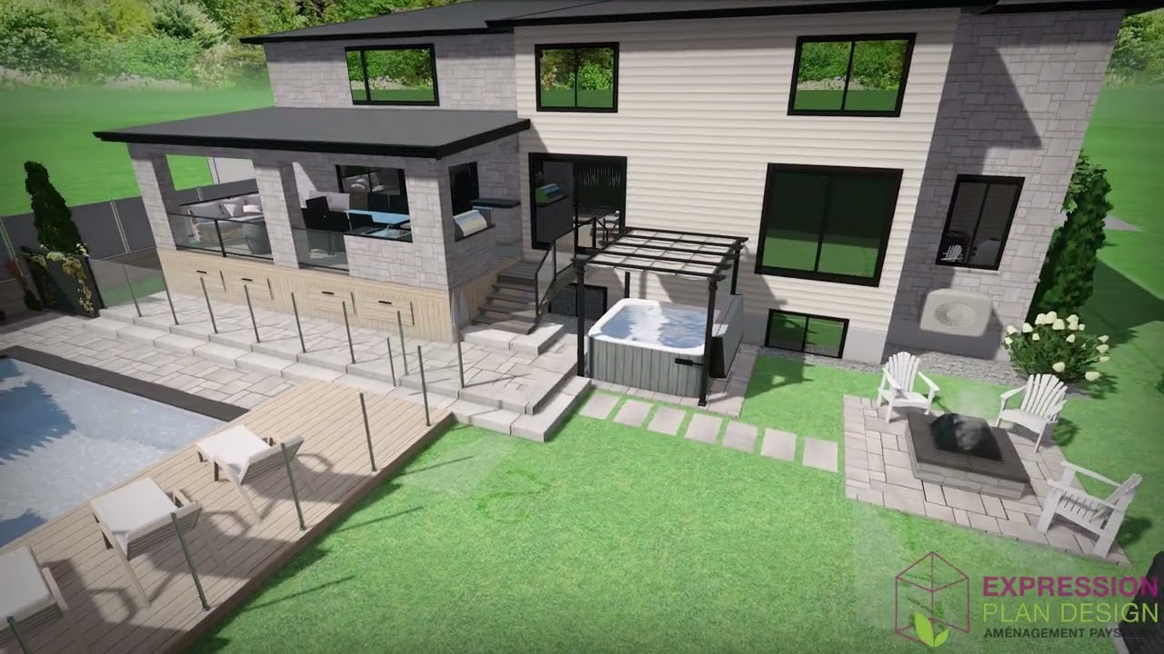 Cour arrière – Piscine creusée et cuisine extérieure | Moderne, gris et verre