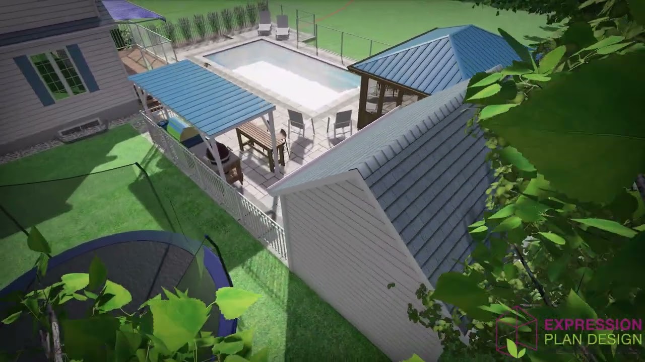 Cour arrière – Piscine creusée et gazebo | Classique, dalles claires, accents bleus