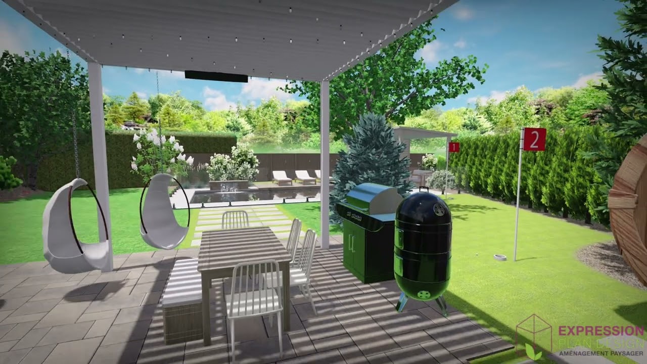 Cour arrière – Pergola et cuisine extérieure | Moderne, vert de golf, gris