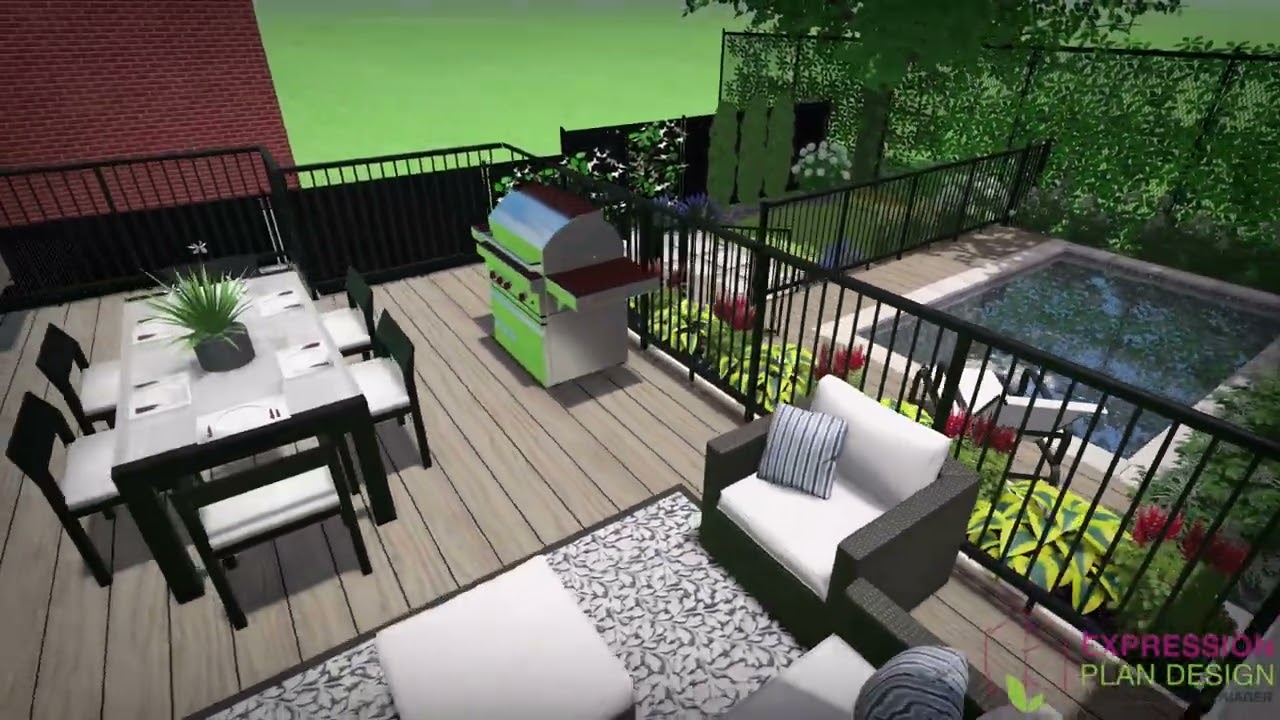 Cour arrière – Terrasse en bois et piscine | Urbain, garde-corps noir