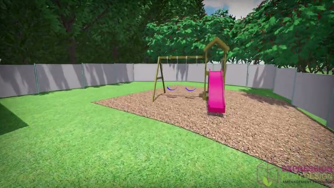 Cour arrière – Aire de jeux et piscine | Familial, paillis et clôture grise