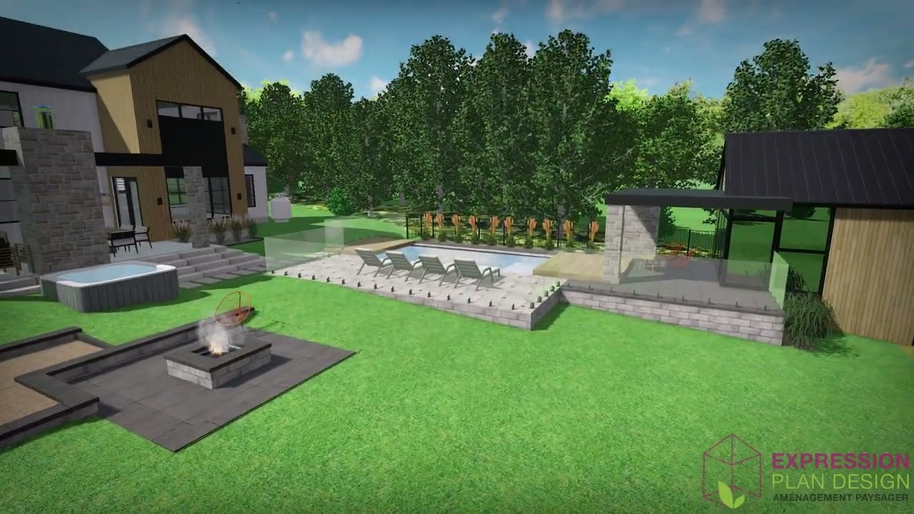 Terrain complet – Piscine creusée et foyer | Moderne, pierre, bois et noir