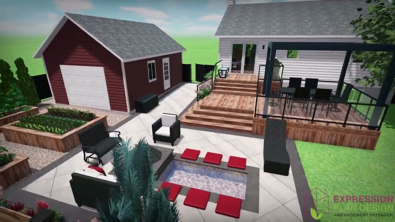 Cour arrière – Terrasse en bois et salon extérieur | Moderne, dalles claires et rouge