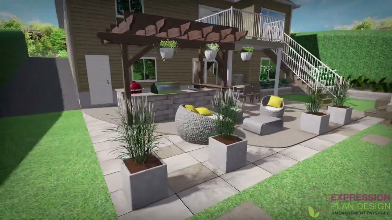 Cour arrière – Pergola et patio | Classique, dalles grises et jardinières