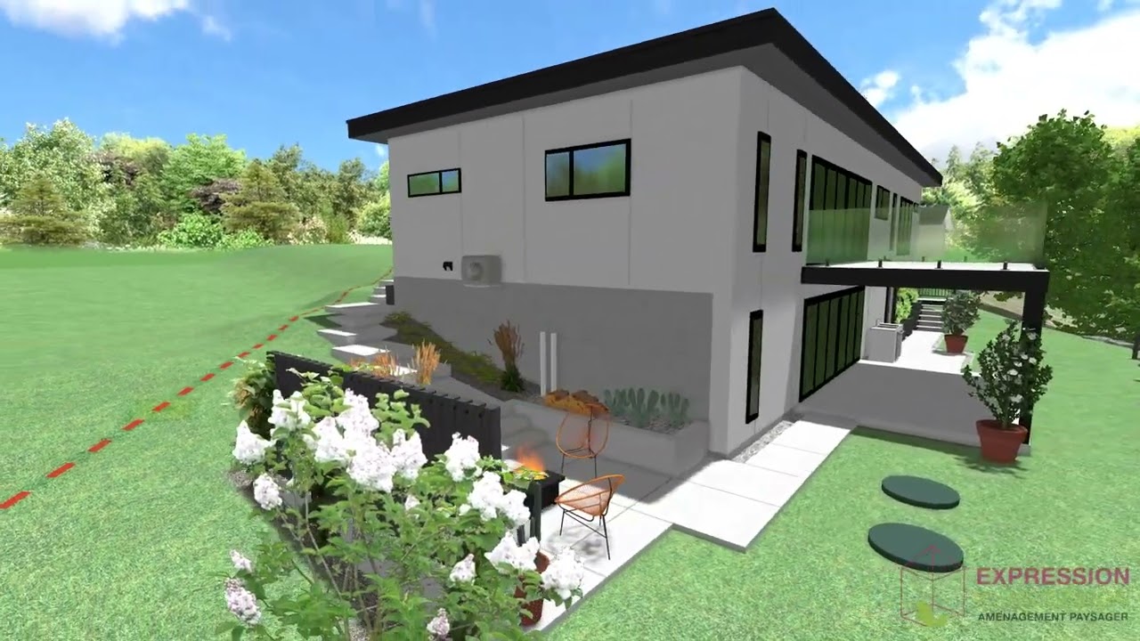 Terrain complet – Patio et escalier | Moderne, gris, noir et gravier