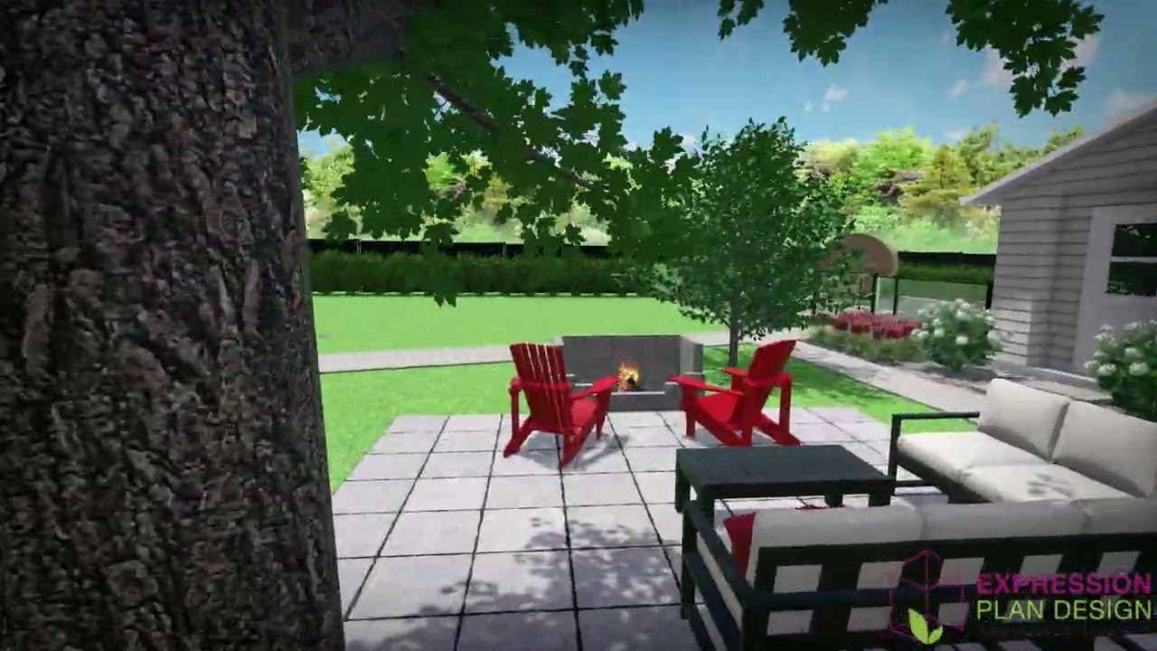 Terrain complet – Piscine creusée et foyer | Moderne, dalles grises et noir